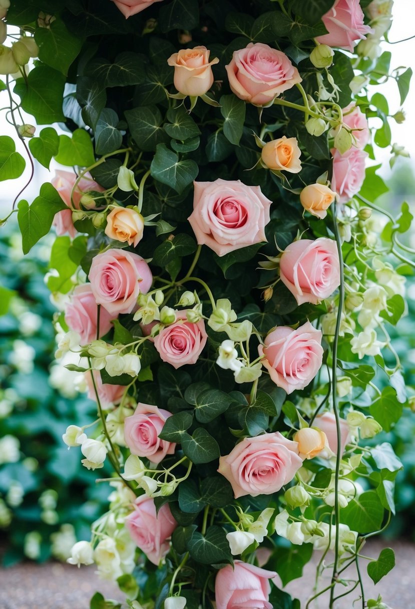 A cascading bouquet of roses and ivy with lisianthus intertwined