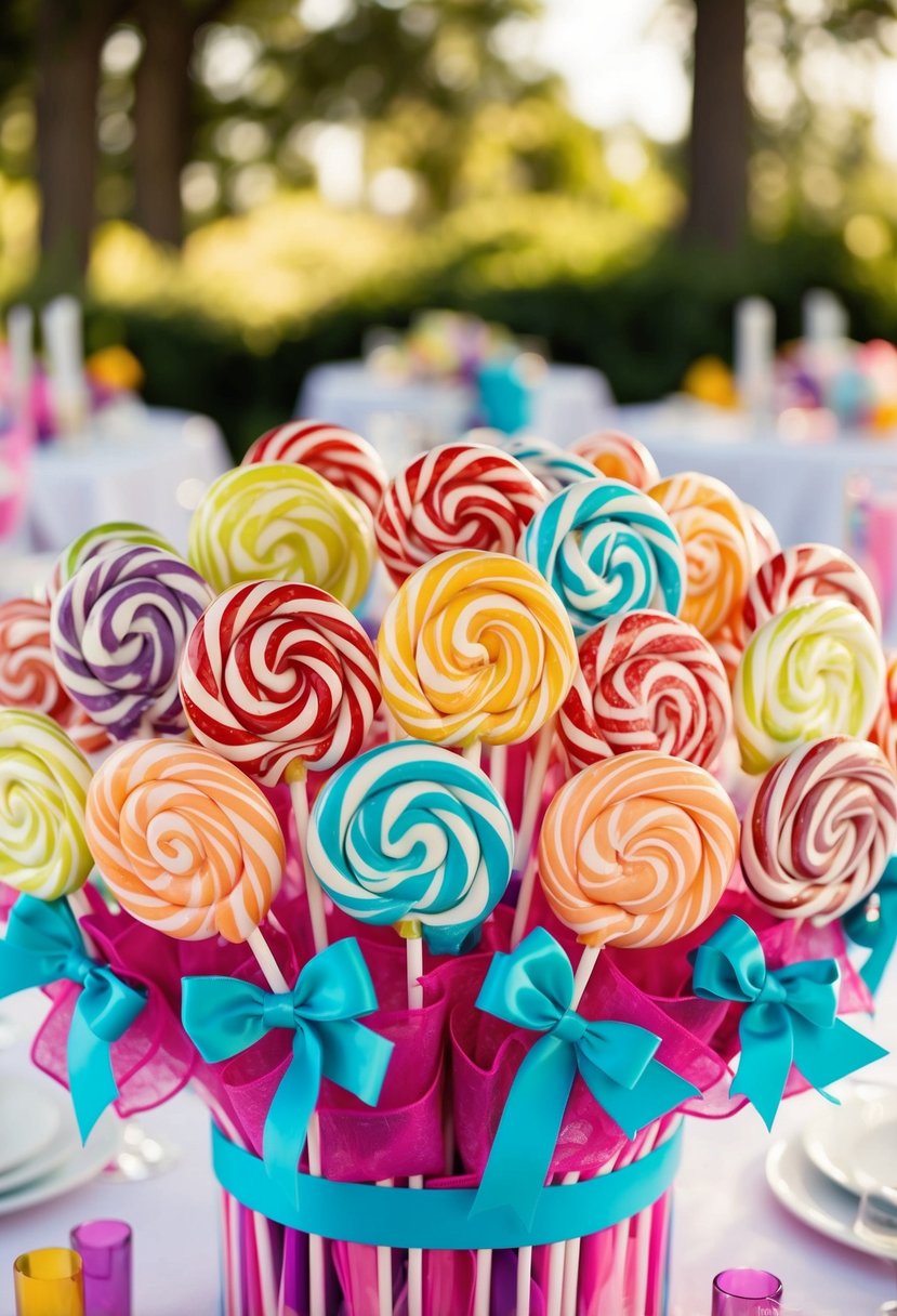 A colorful array of lollipops arranged in a bouquet-like fashion, accented with ribbons and bows, creating a whimsical and playful wedding centerpiece