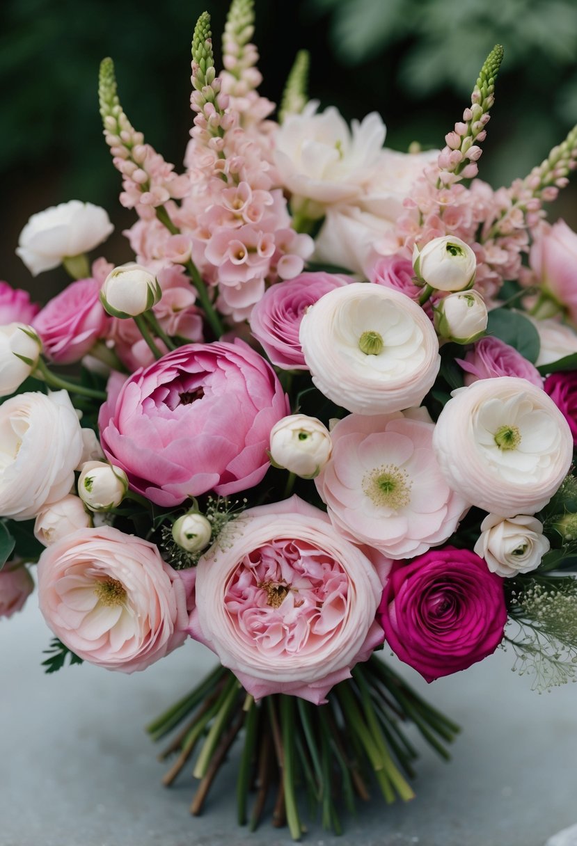 A delicate monochromatic bouquet of pink lisianthus and eustoma flowers, varying in shades from pale blush to deep rose, arranged in a stunning wedding bouquet