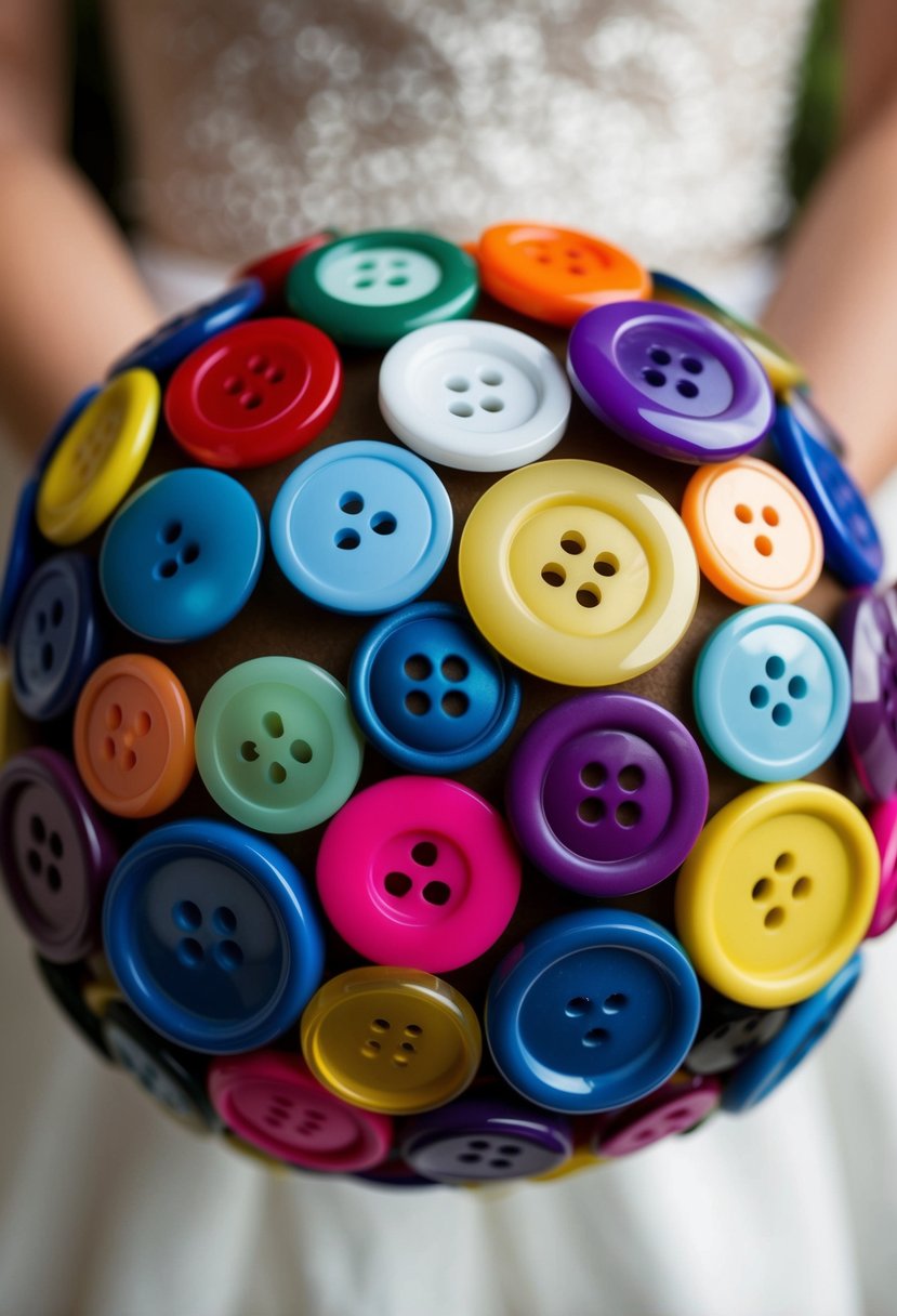 A collection of colorful buttons arranged in a bouquet-like formation, with varying sizes and shapes, creating a unique and whimsical wedding bouquet idea