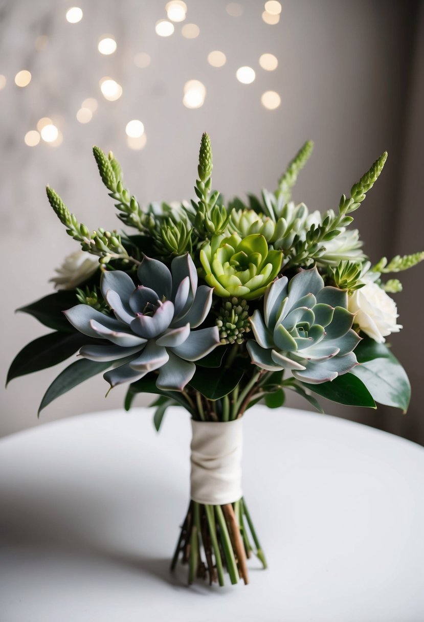 A sleek wedding bouquet featuring lisianthus and succulents in a modern, minimalist style