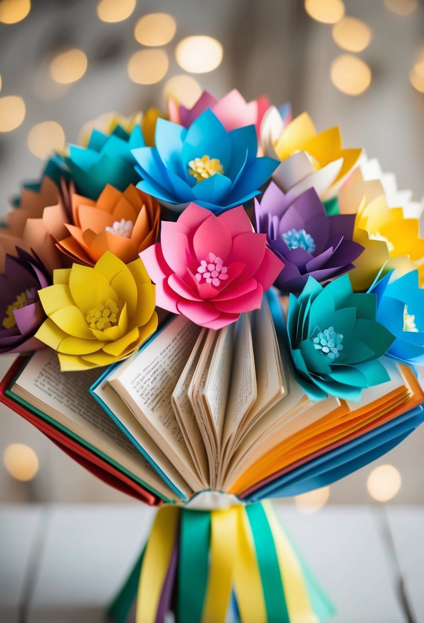 A colorful assortment of paper flowers arranged in a bouquet, with book pages and covers incorporated into the design