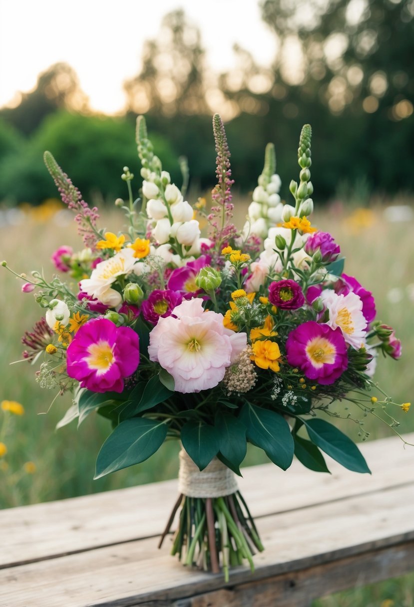 A rustic bouquet of lisianthus and wildflowers in a bohemian style