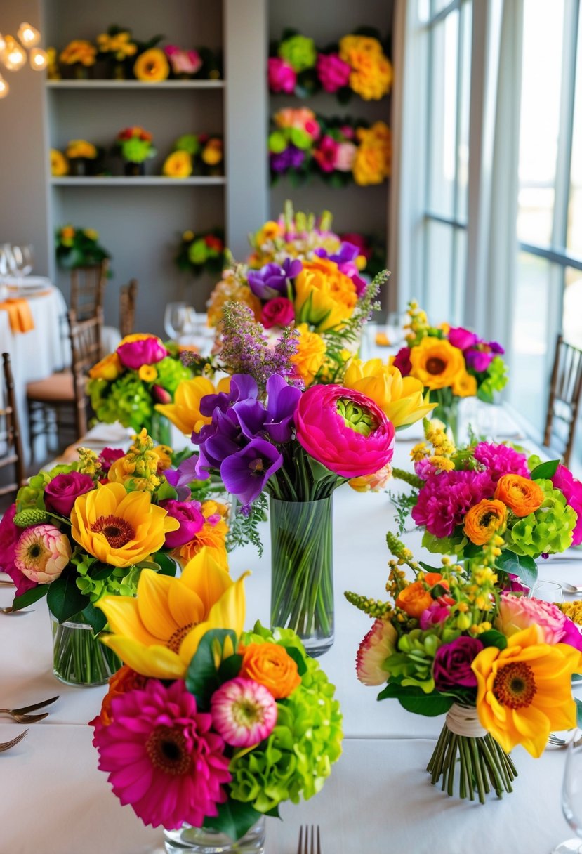 A table adorned with vibrant silk flower bouquets in various shapes and sizes, showcasing unique and unusual wedding bouquet ideas