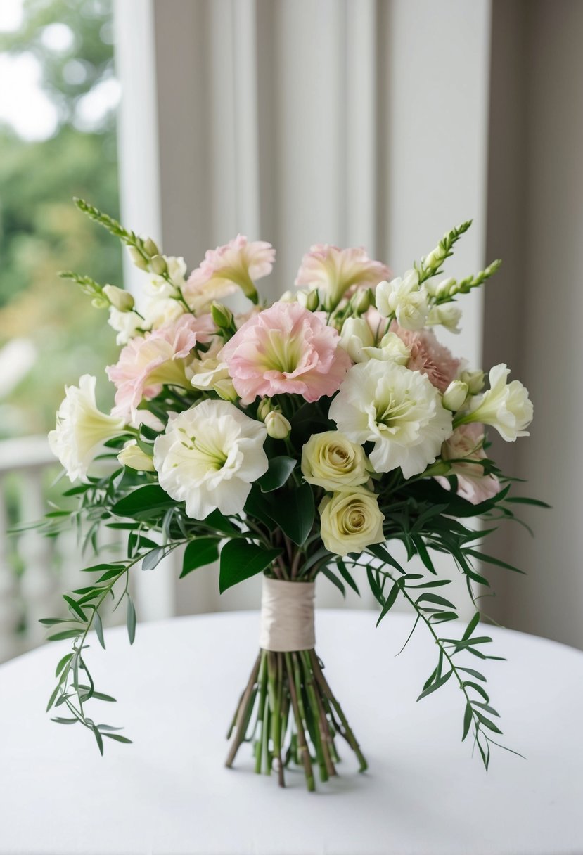 A delicate lisianthus wedding bouquet with soft pastel colors and flowing greenery, arranged in a simple yet elegant manner