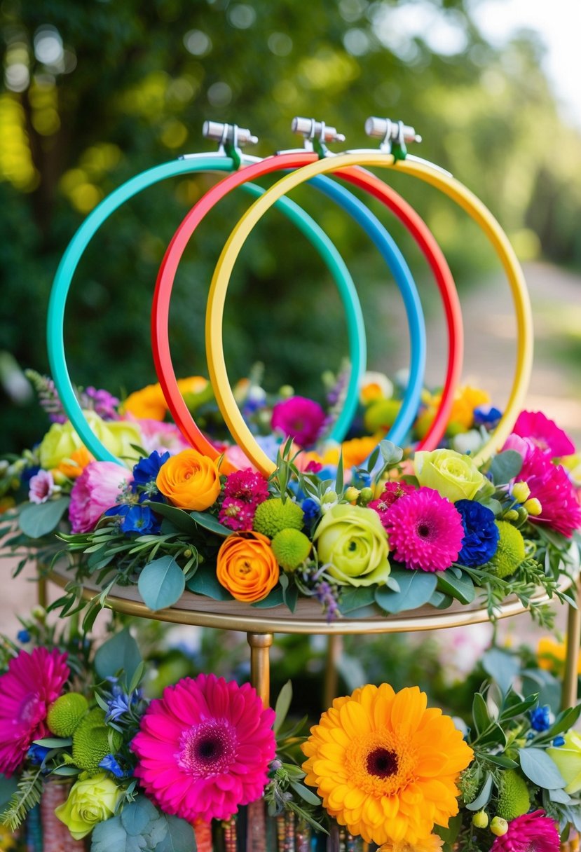 A vibrant assortment of colorful hoops adorned with fresh flowers and greenery, arranged in a whimsical display