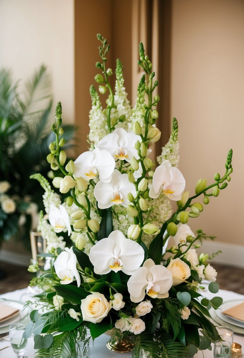 A lush bouquet of lisianthus and orchids, intertwined with delicate greenery, creates an exotic and elegant wedding centerpiece