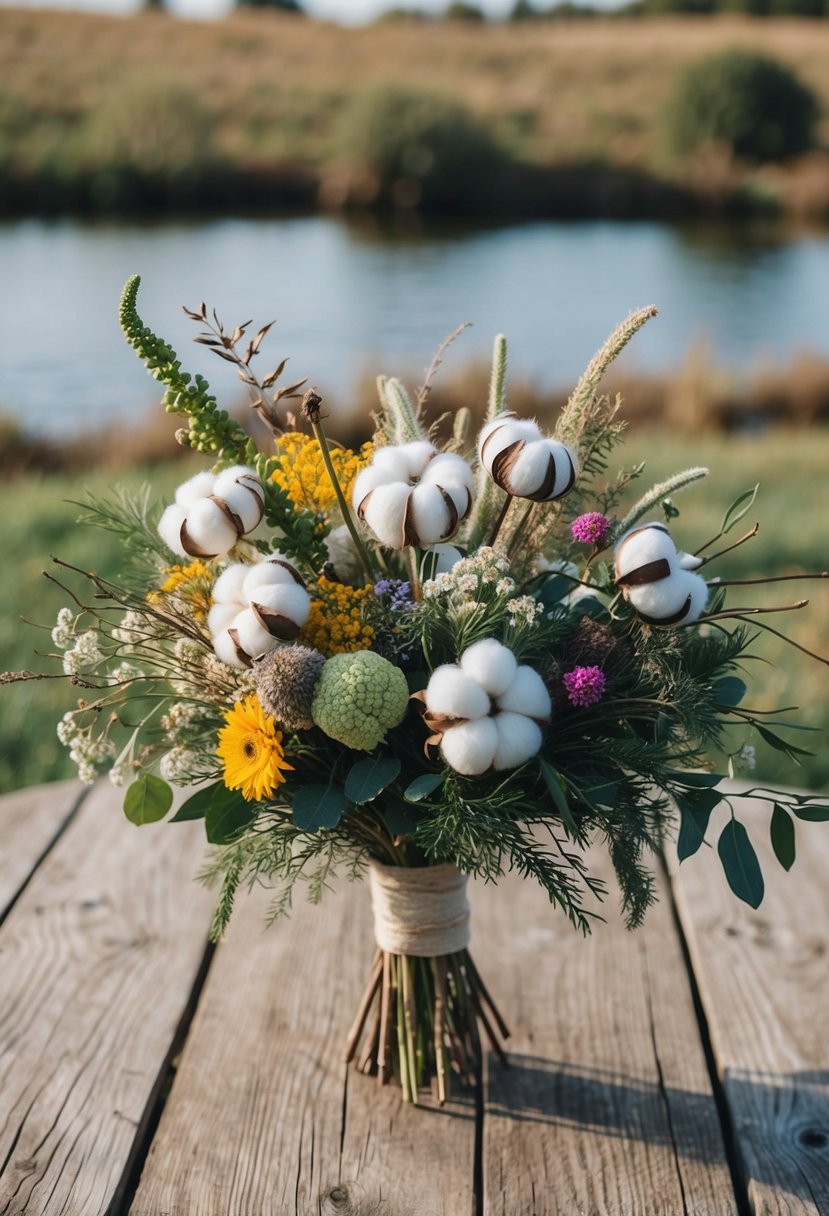 A rustic wooden table adorned with an eclectic mix of cotton stems, wildflowers, and greenery, creating a unique and whimsical wedding bouquet