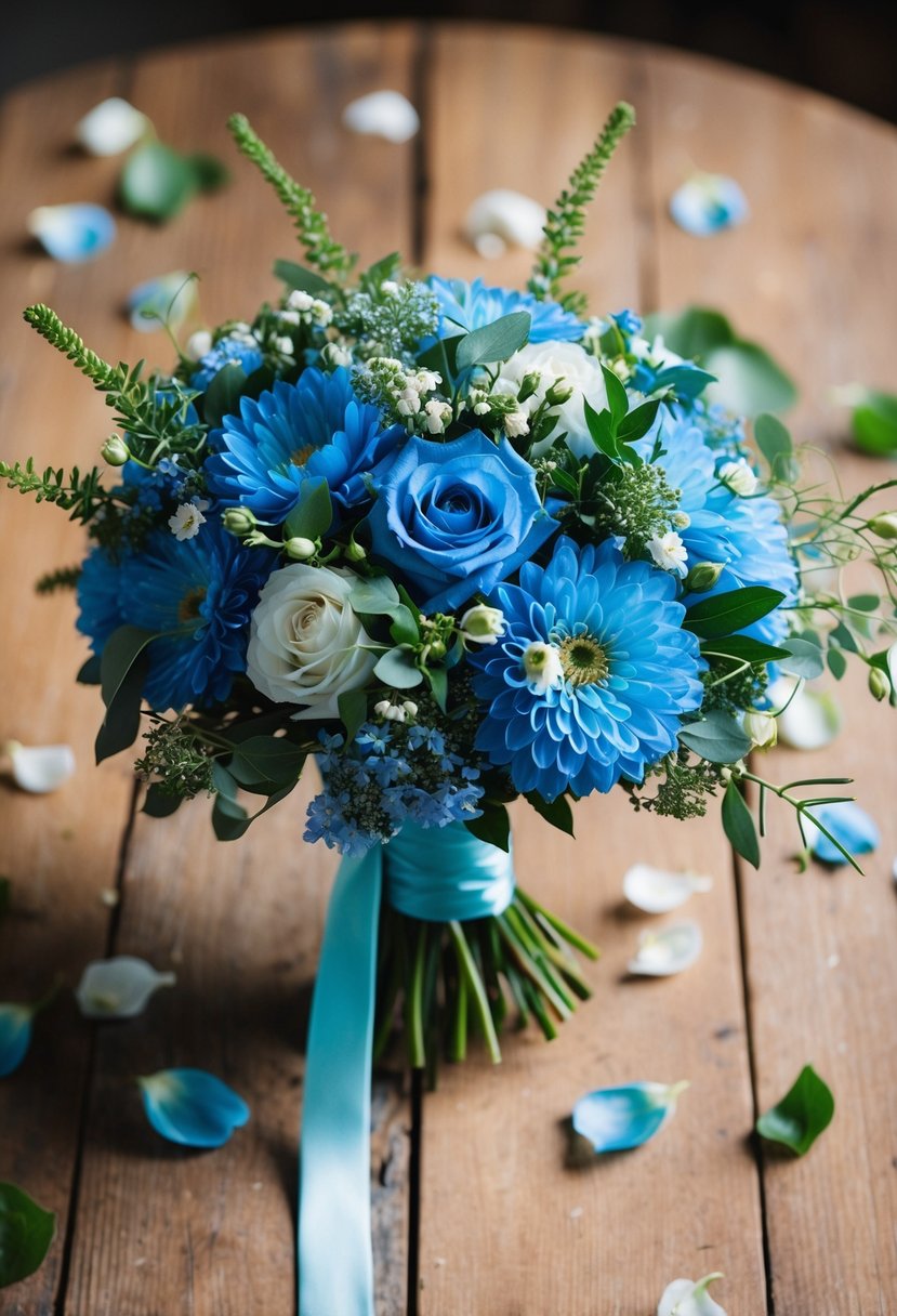 A delicate blue wedding bouquet sits on a rustic wooden table, surrounded by scattered petals and greenery