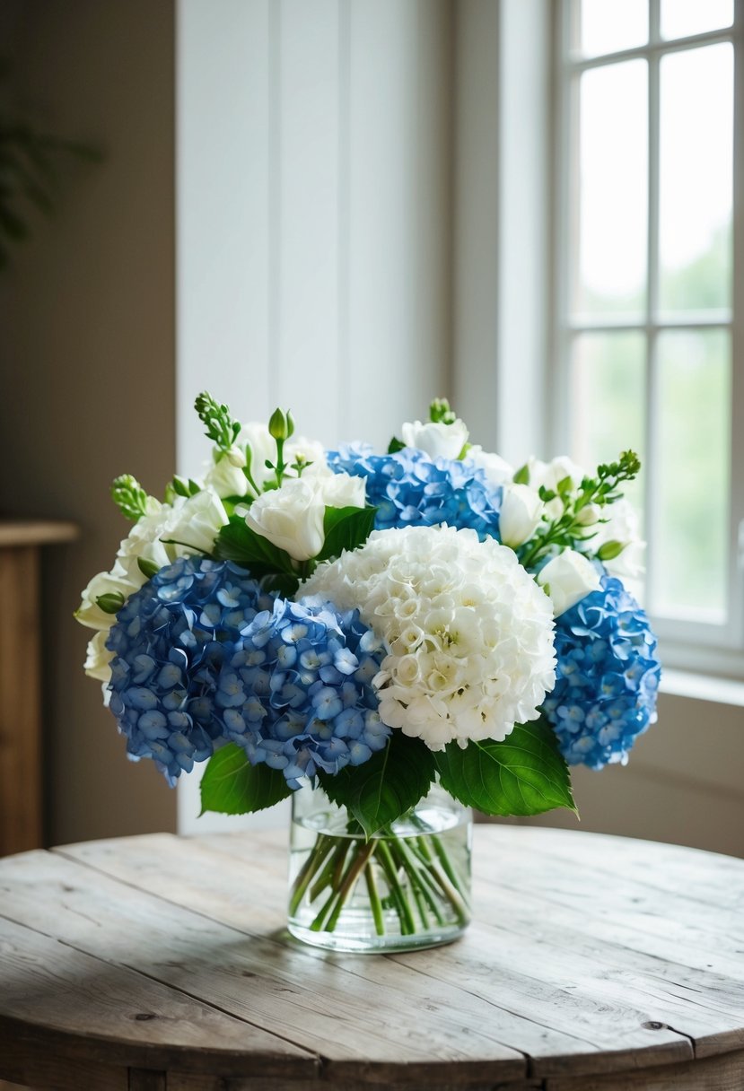 A white lisianthus and blue hydrangea bouquet sits on a rustic wooden table, with soft natural light streaming in from a nearby window