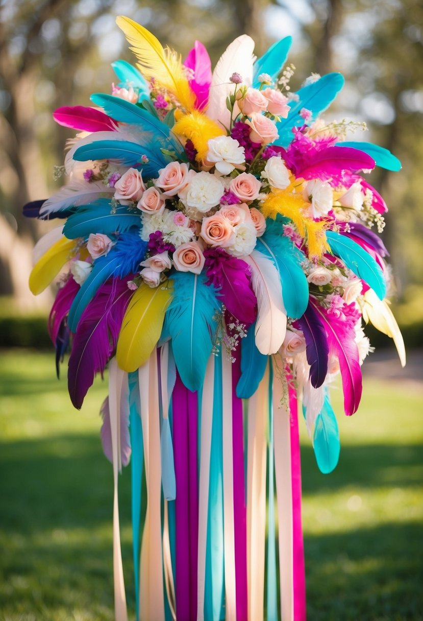 A colorful array of feathers arranged in a cascading bouquet, accented with delicate flowers and ribbons