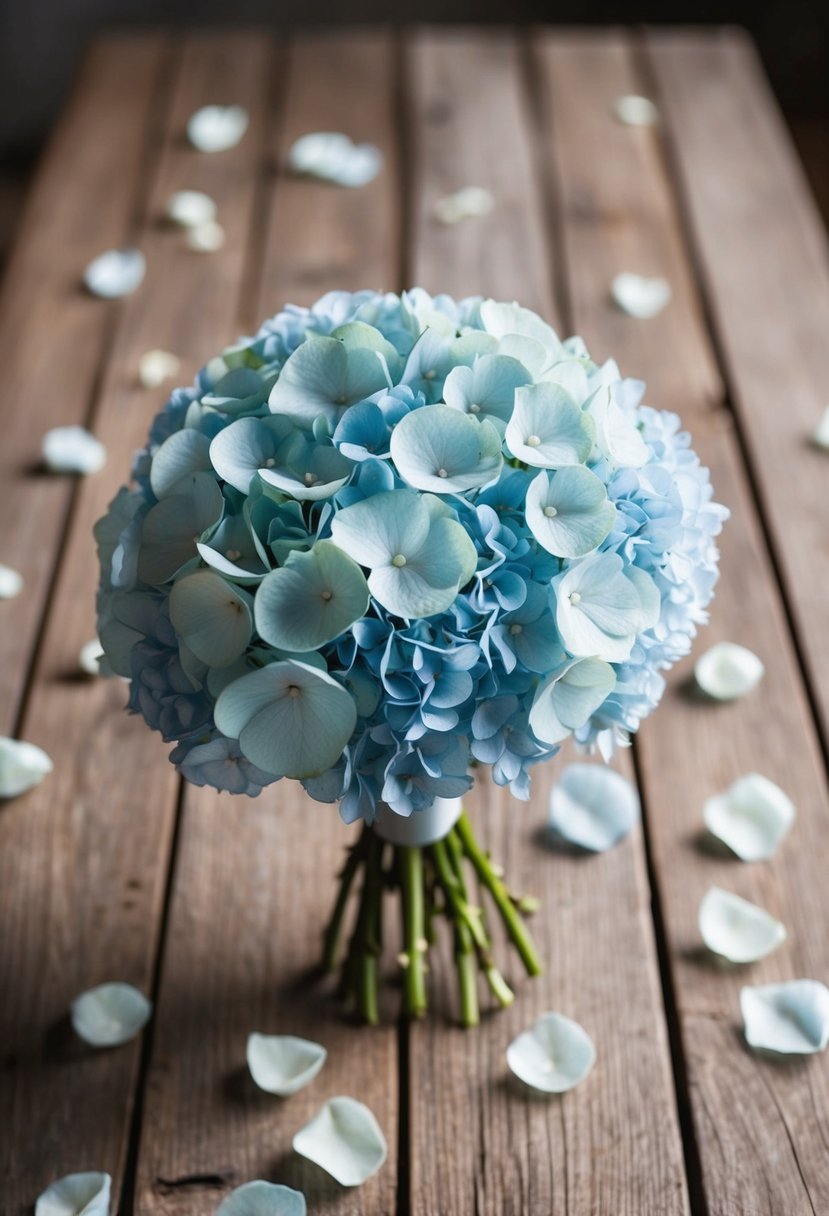 A delicate pale blue hydrangea bouquet sits atop a rustic wooden table, surrounded by scattered petals and soft natural light