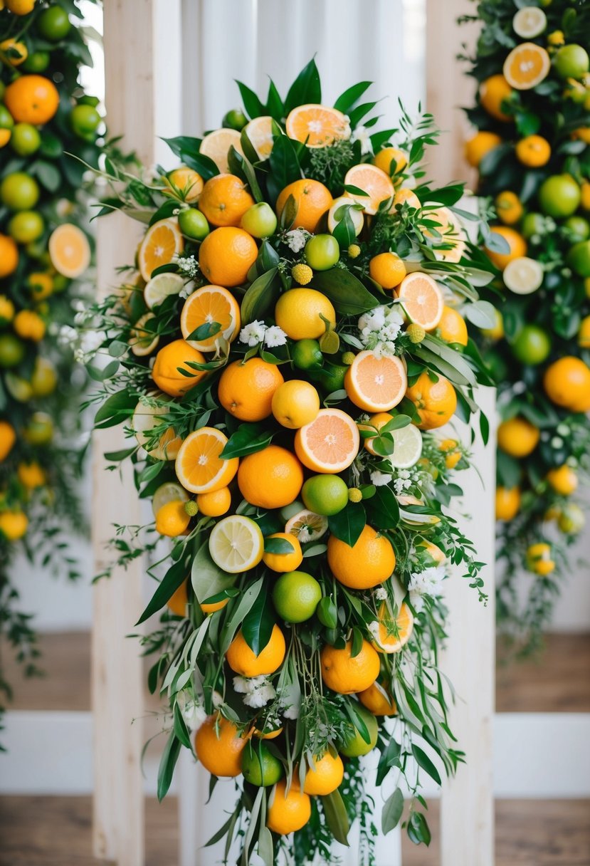 A vibrant assortment of citrus fruits and greenery arranged in a cascading wedding bouquet