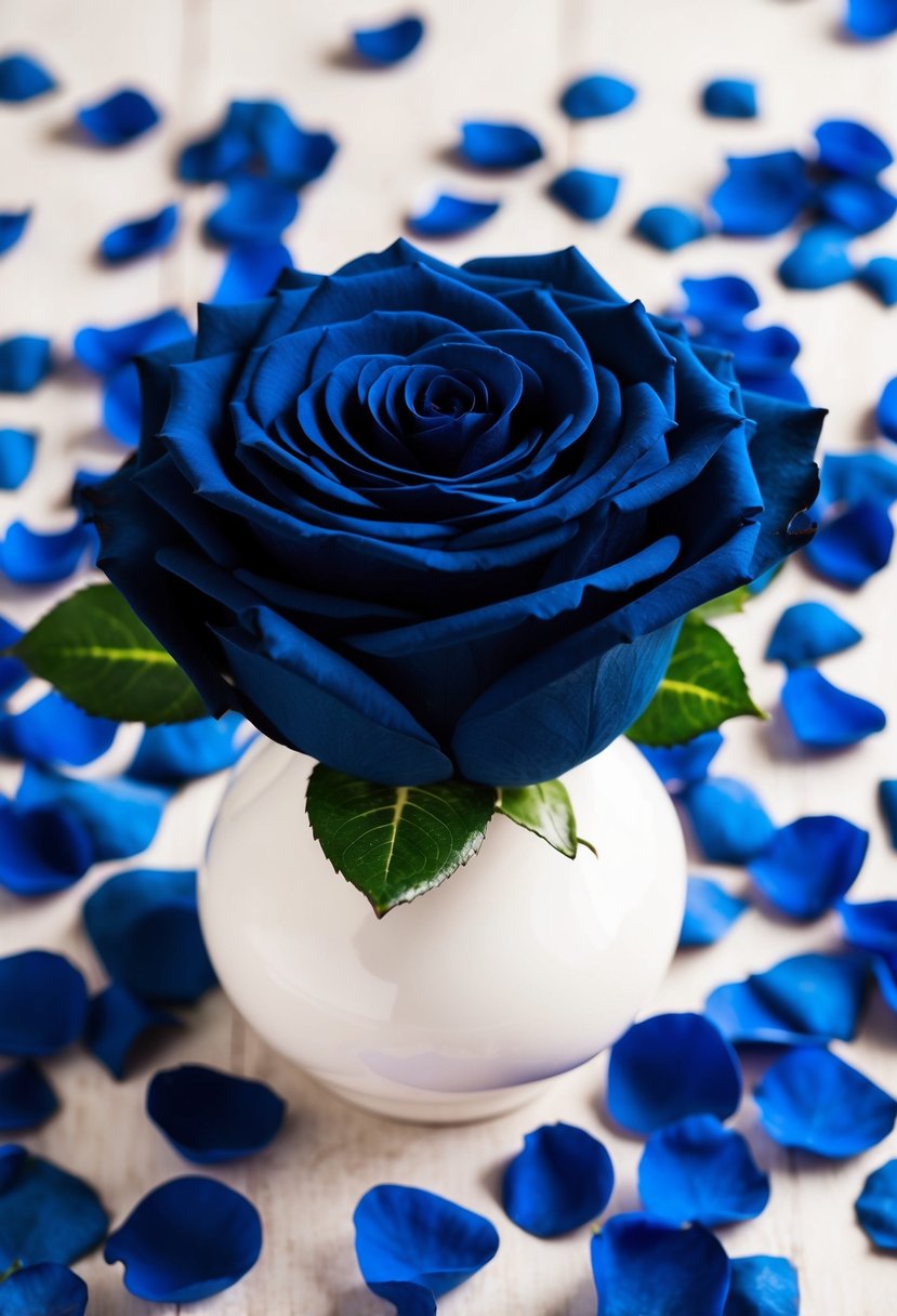 A navy blue rose arrangement in a white vase, surrounded by scattered blue petals