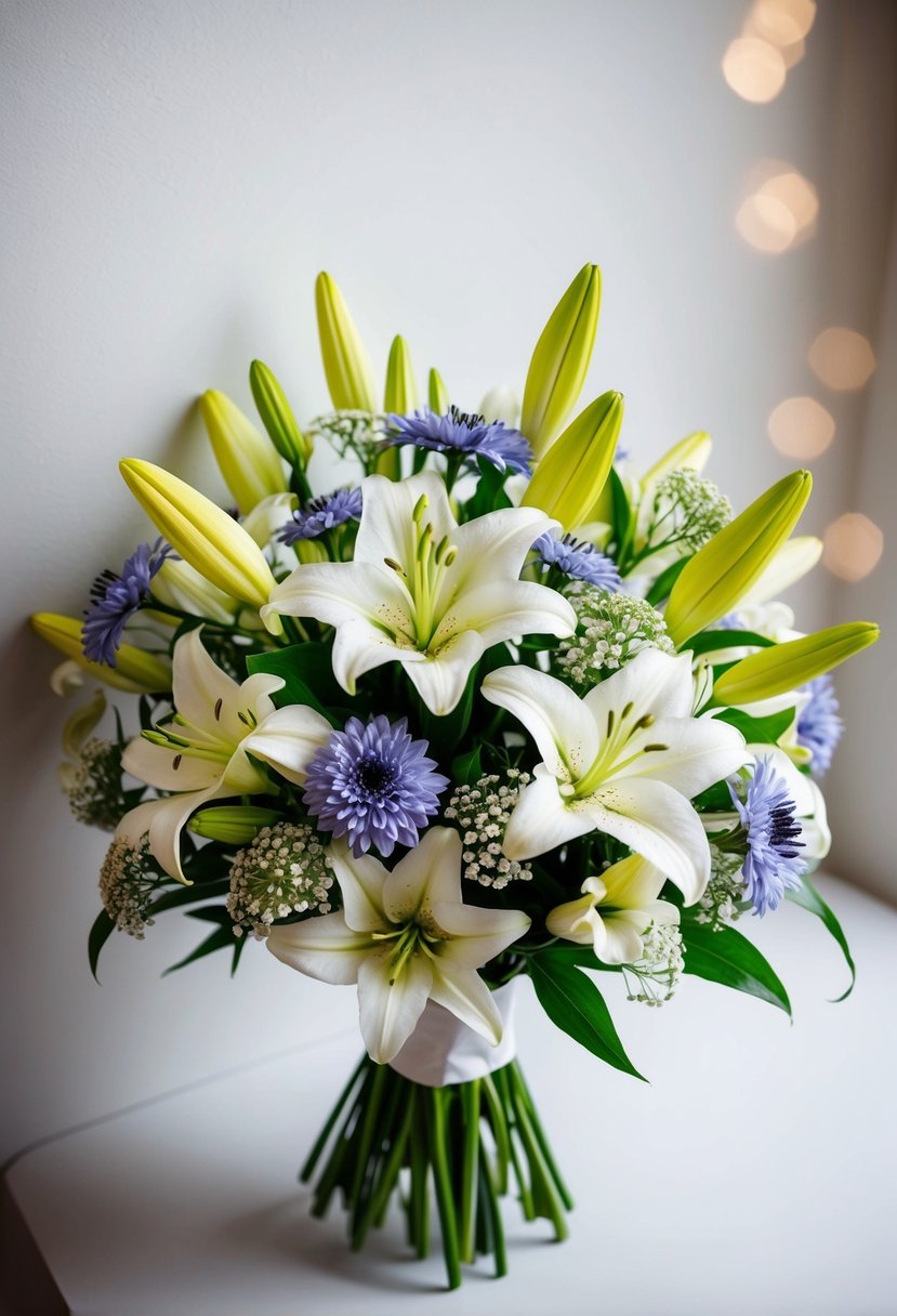 A delicate mix of cornflower and white lilies arranged in a bridal bouquet