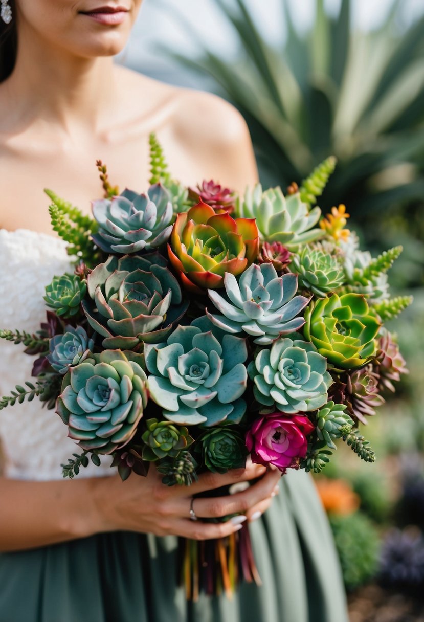 A variety of colorful succulents arranged in an artistic and unconventional manner to create a unique and eye-catching wedding bouquet