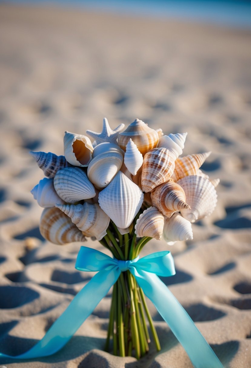 A collection of seashells arranged in a bouquet, tied together with a ribbon, set against a sandy beach backdrop