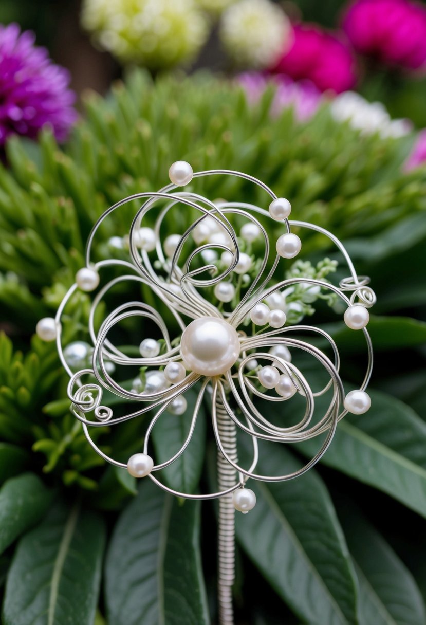 A wire bouquet featuring intricate loops and swirls, adorned with delicate beads and pearls, set against a backdrop of lush greenery and vibrant flowers