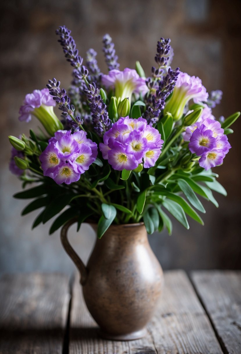 A bouquet of lisianthus and lavender arranged in a rustic vase