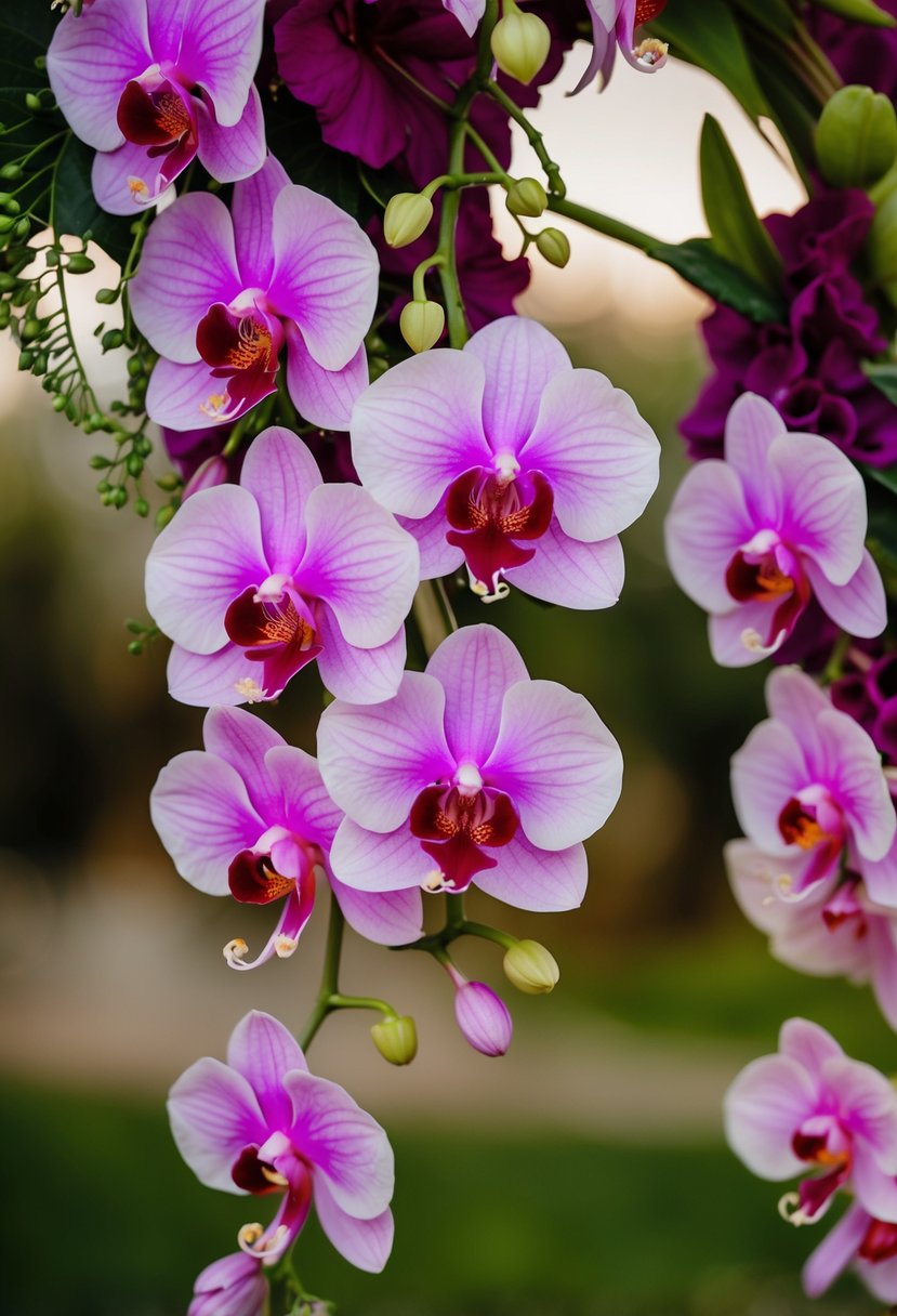 Vibrant orchids and hibiscus blooms intertwined in a cascading wedding bouquet