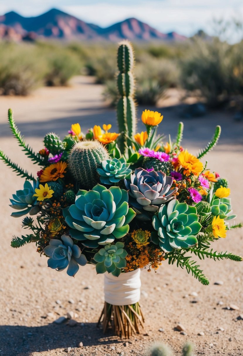 A vibrant desert landscape with succulents, cacti, and wildflowers arranged in an unconventional wedding bouquet