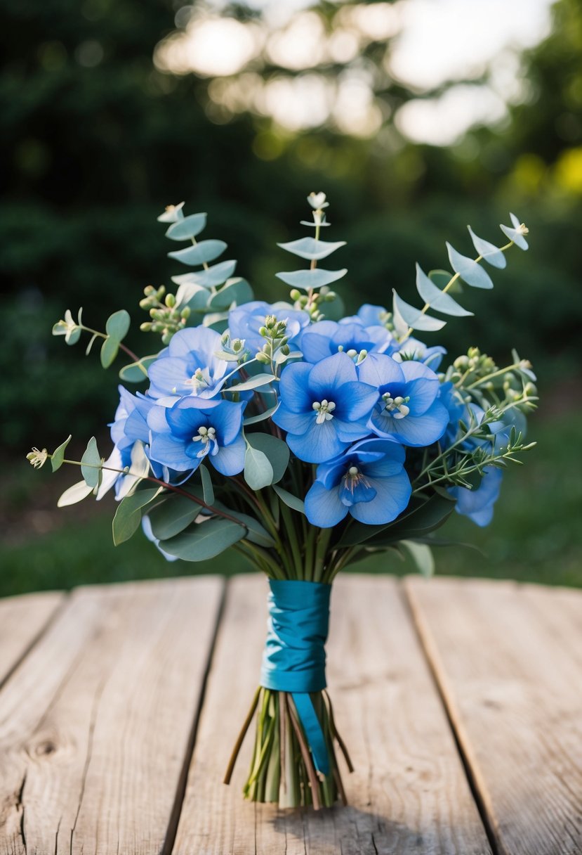 A delicate blue delphinium and eucalyptus sprig wedding bouquet rests on a rustic wooden table, bathed in soft natural light