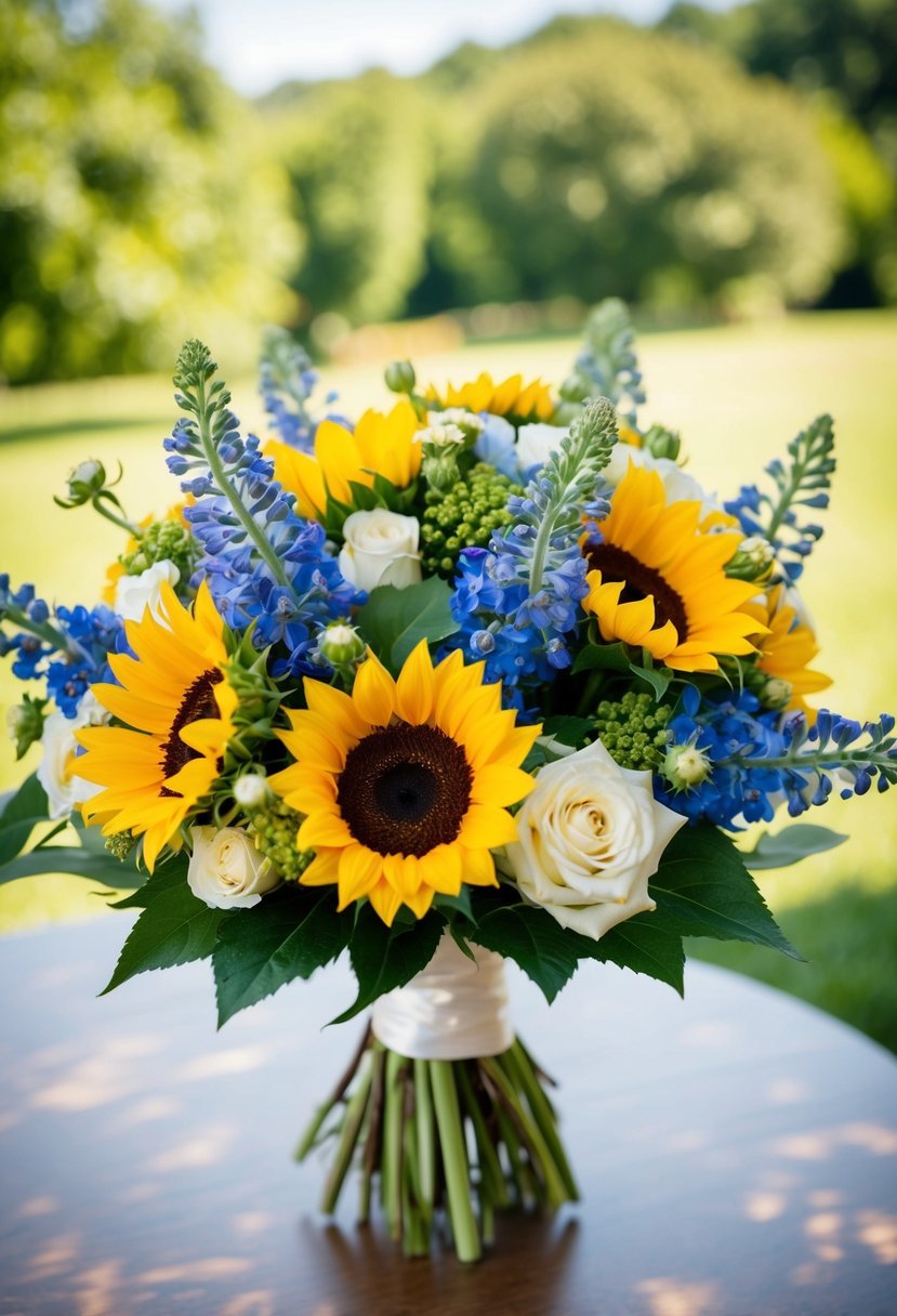 A vibrant wedding bouquet featuring lisianthus and sunflowers in a cheerful summer setting