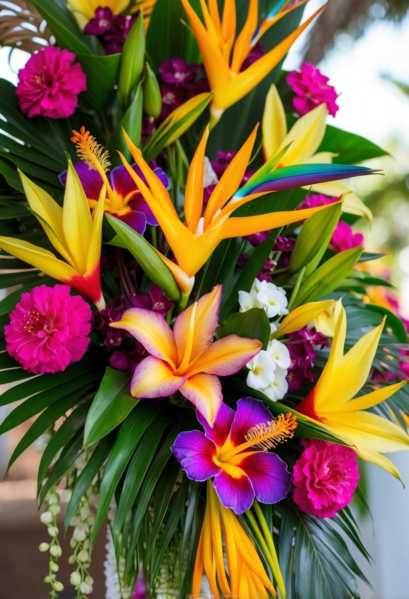 Vibrant tropical blooms arranged in a cascading bouquet, featuring exotic flowers like orchids, hibiscus, and bird of paradise