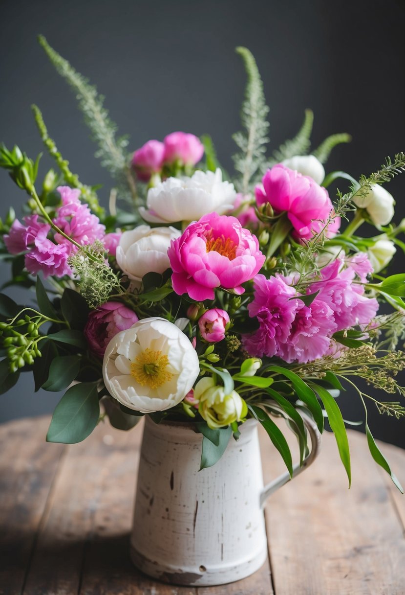 A vibrant bouquet of lisianthus and peonies, intertwined with delicate greenery, fills a rustic, white-washed vase on a wooden table