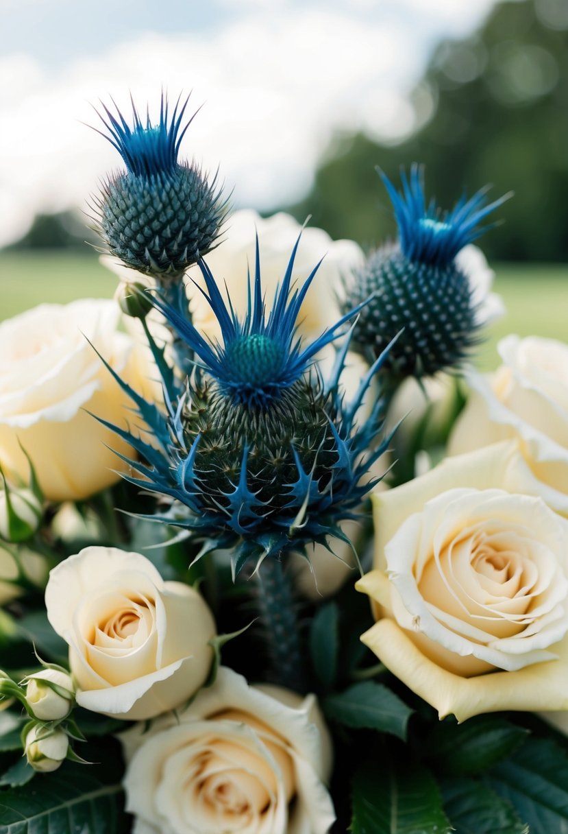 A blue thistle surrounded by cream roses in a wedding bouquet