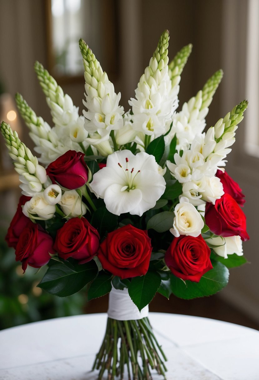 A bouquet of white lisianthus and red roses arranged in a classic, romantic style