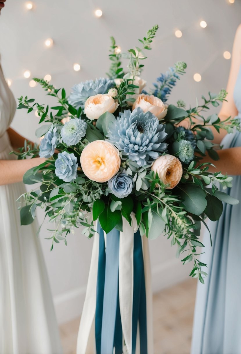 A bouquet of dusty blue and peach flowers arranged in a cascading style, with greenery and delicate ribbons