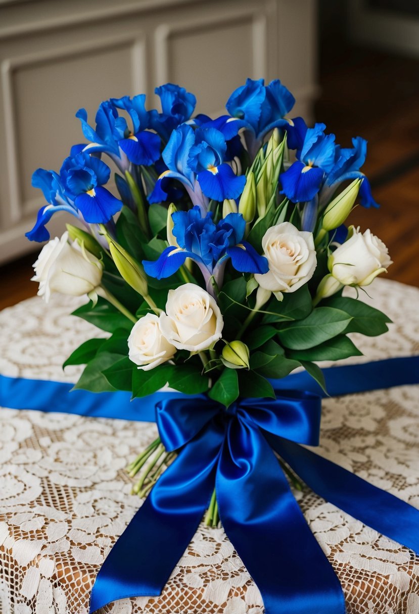 A lush bouquet of blue irises, accented with white roses, tied with a satin ribbon, resting on a vintage lace tablecloth