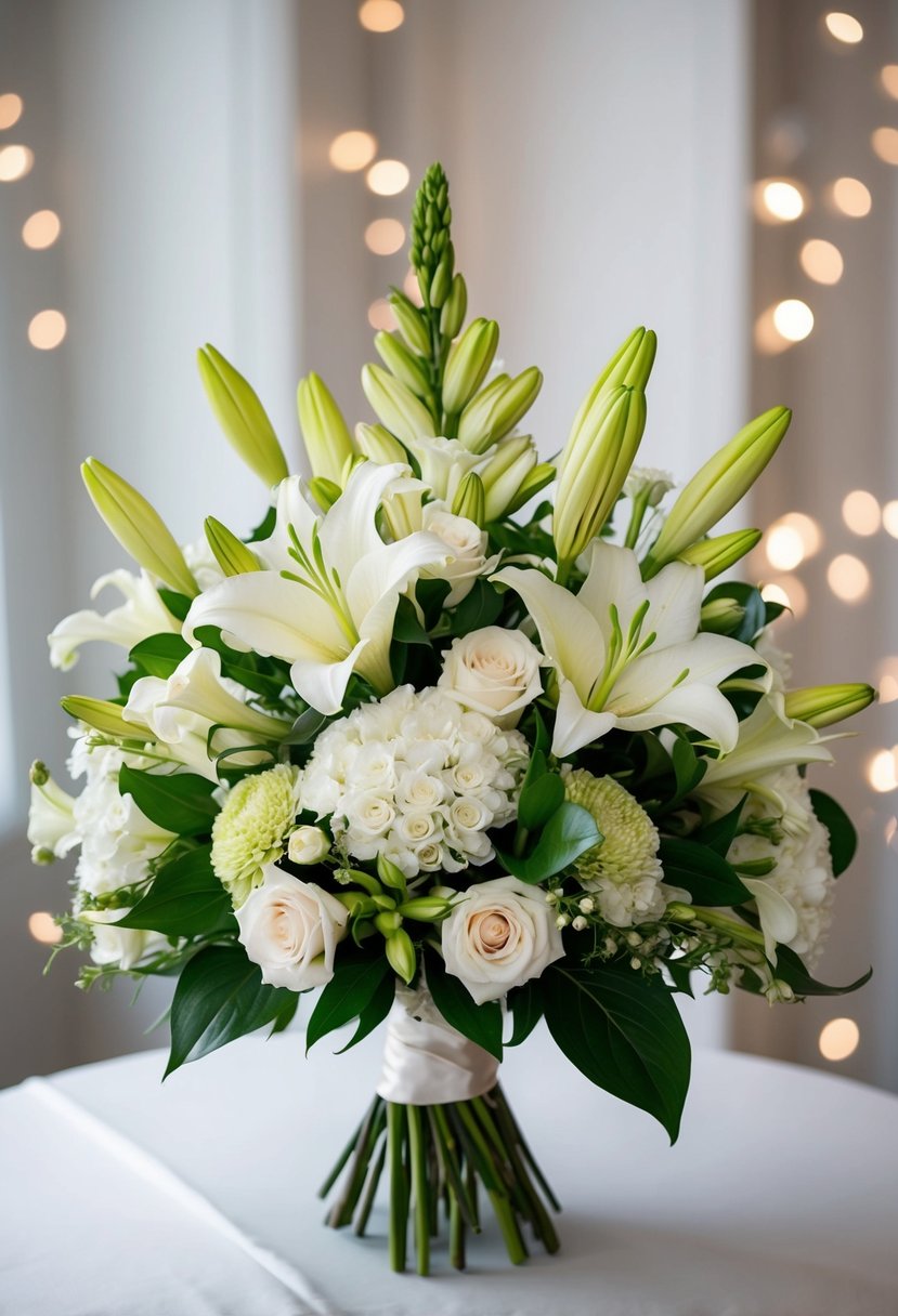 A lush wedding bouquet featuring lisianthus and lilies in a sophisticated arrangement