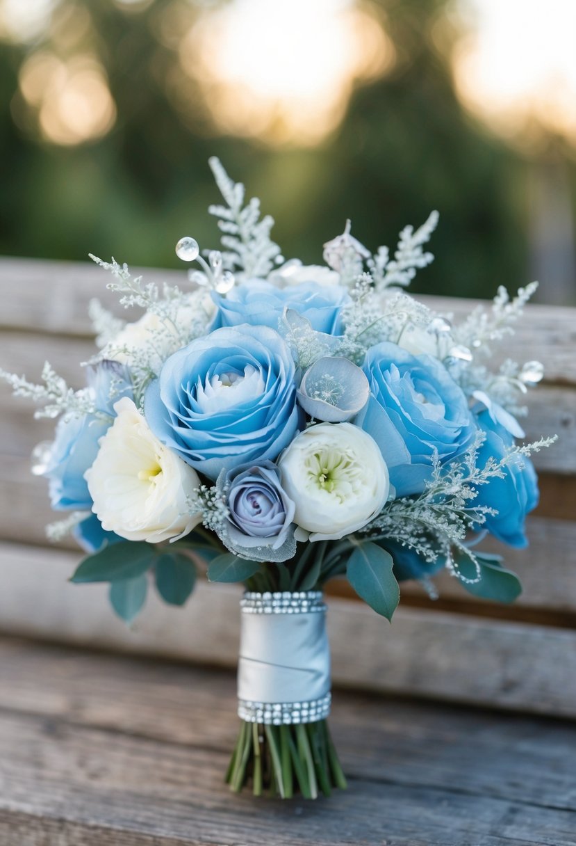 A frosted blue and silver wedding bouquet with delicate flowers and sparkling accents