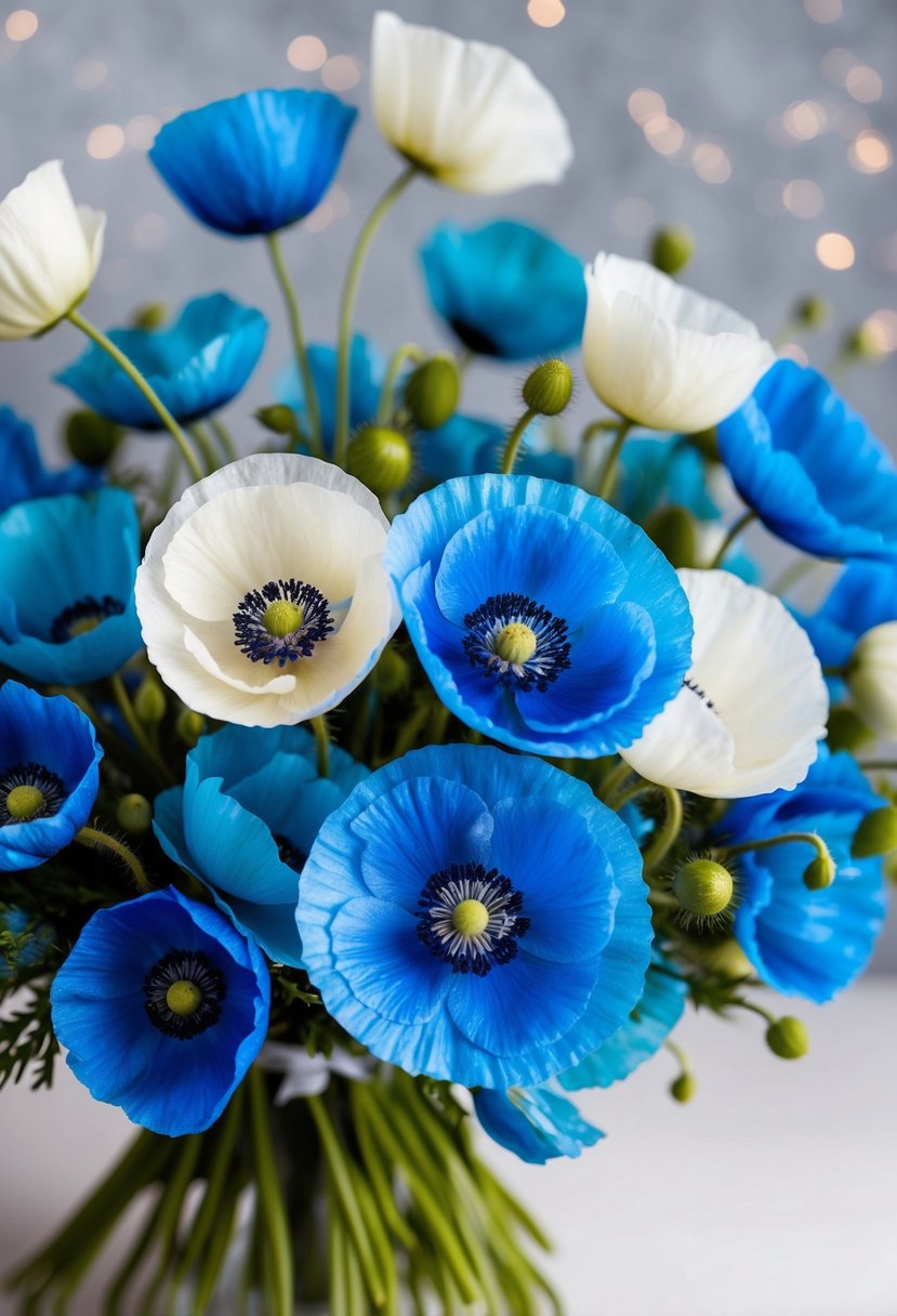 A vibrant bouquet of Icelandic poppies in shades of blue and white, arranged in a delicate and romantic style