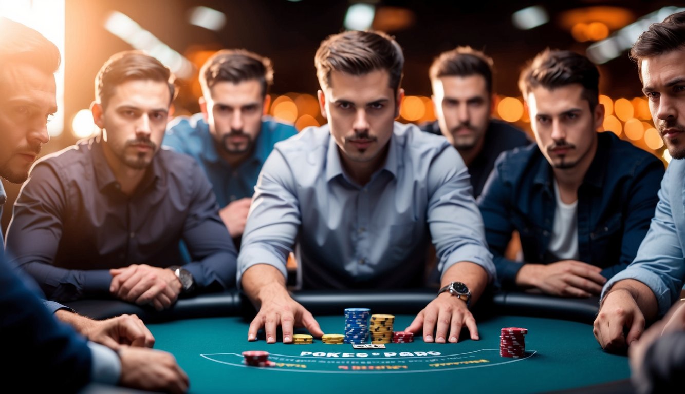 Sebuah meja poker dengan kartu dan chip digital, dikelilingi oleh pemain dengan ekspresi intens