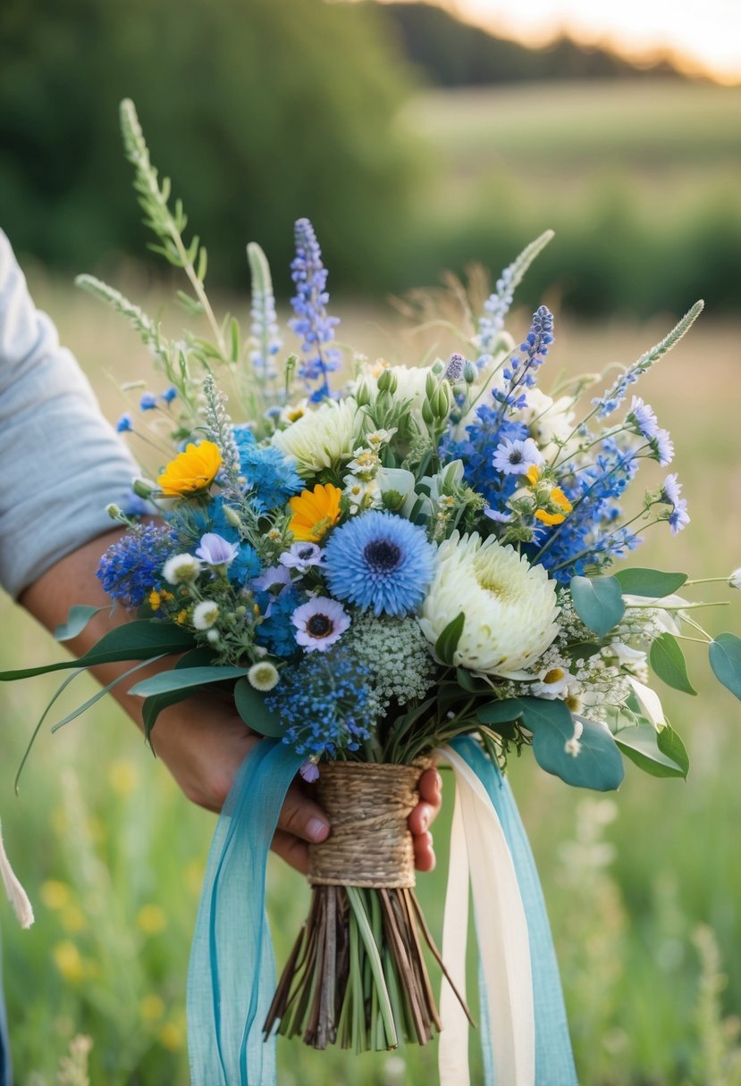 A rustic, bohemian wedding bouquet featuring blue tweedia and wildflowers, tied with twine and adorned with flowing ribbons