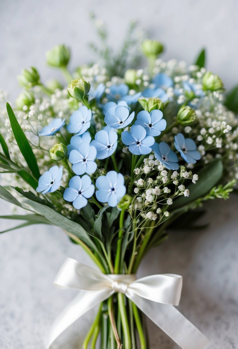 A delicate bouquet of forget-me-nots, interspersed with baby's breath and greenery, tied with a satin ribbon