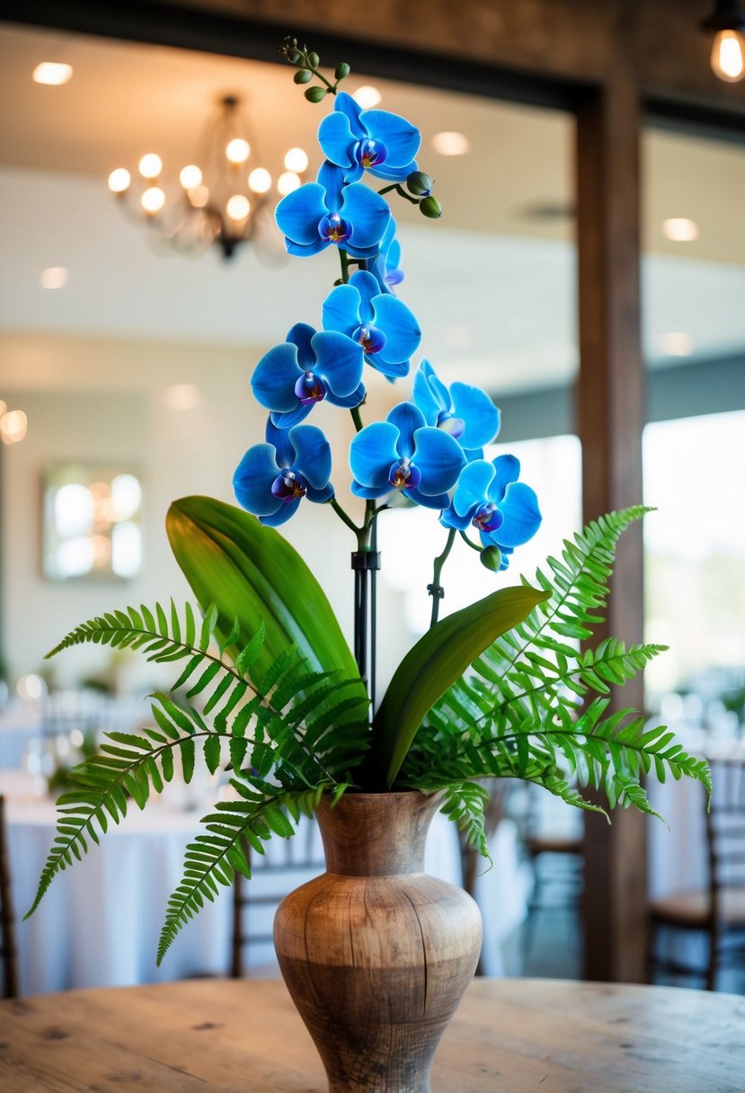 A vibrant blue orchid and fern fusion wedding bouquet displayed in a rustic wooden vase