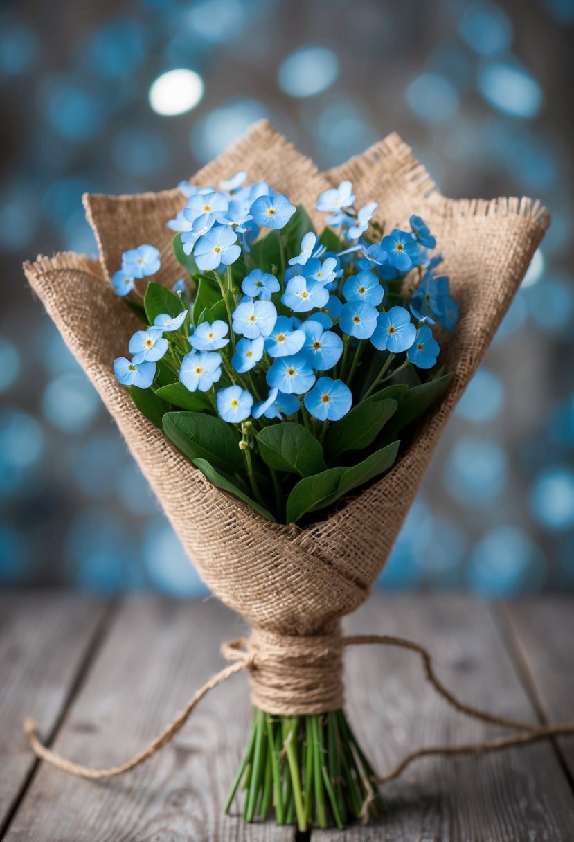 A bouquet of forget-me-nots wrapped in burlap and twine