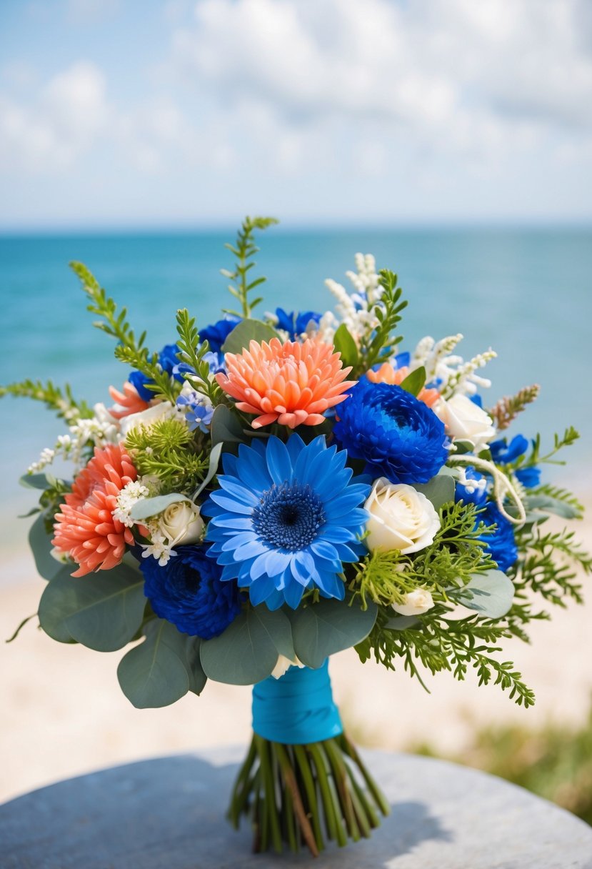 A seaside wedding bouquet with blue and coral flowers, arranged in harmony with greenery and delicate white accents