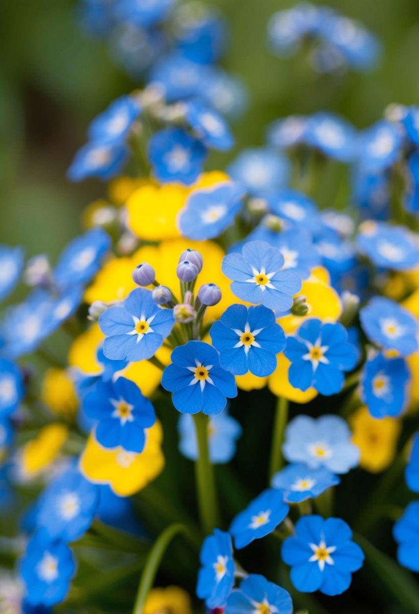 A vibrant bouquet of blue and yellow forget-me-nots