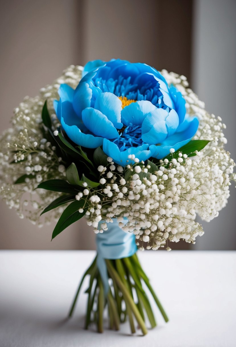 A vibrant blue peony surrounded by delicate baby's breath, creating a stunning wedding bouquet