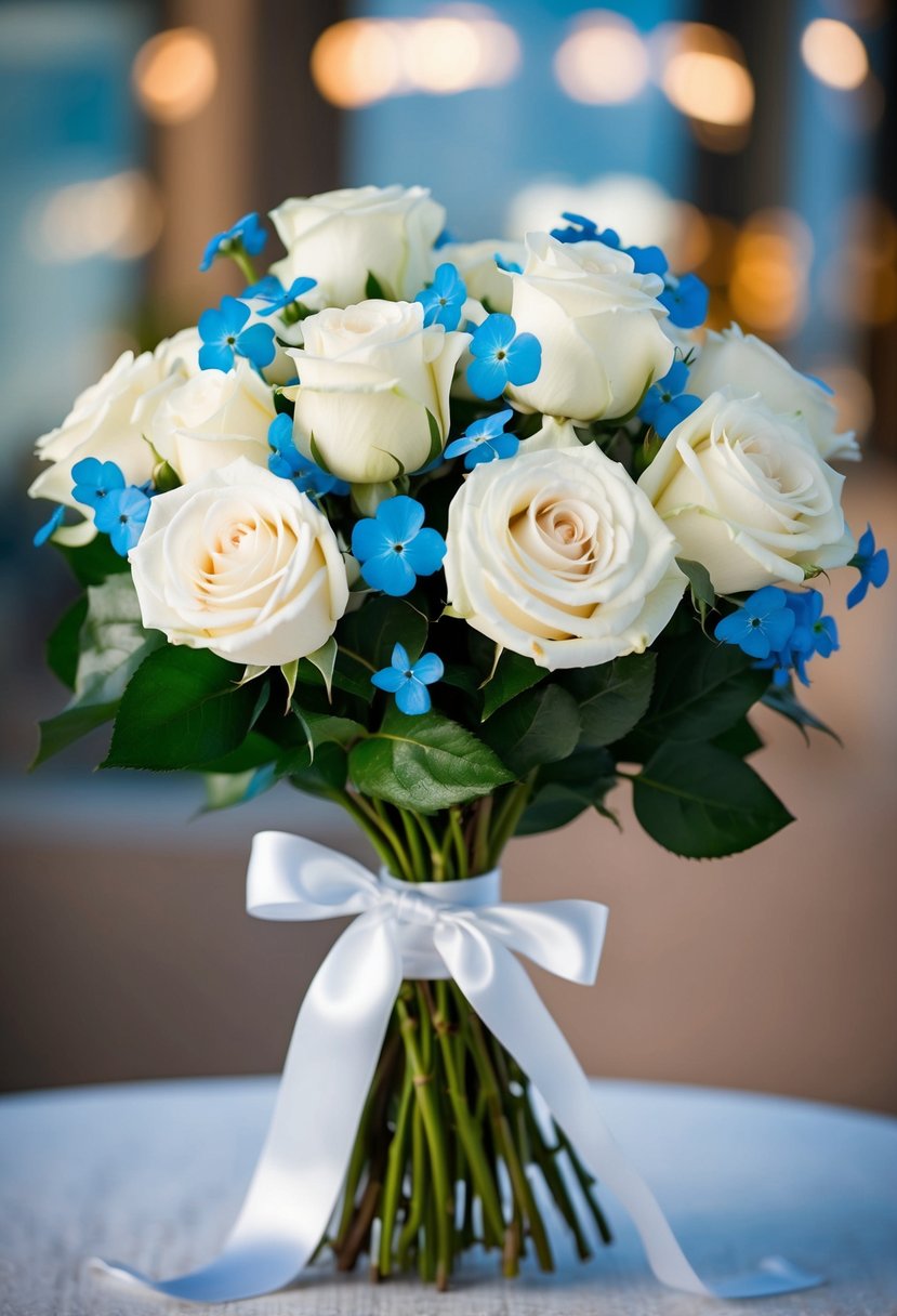 A bouquet of white roses and forget-me-nots tied with a satin ribbon