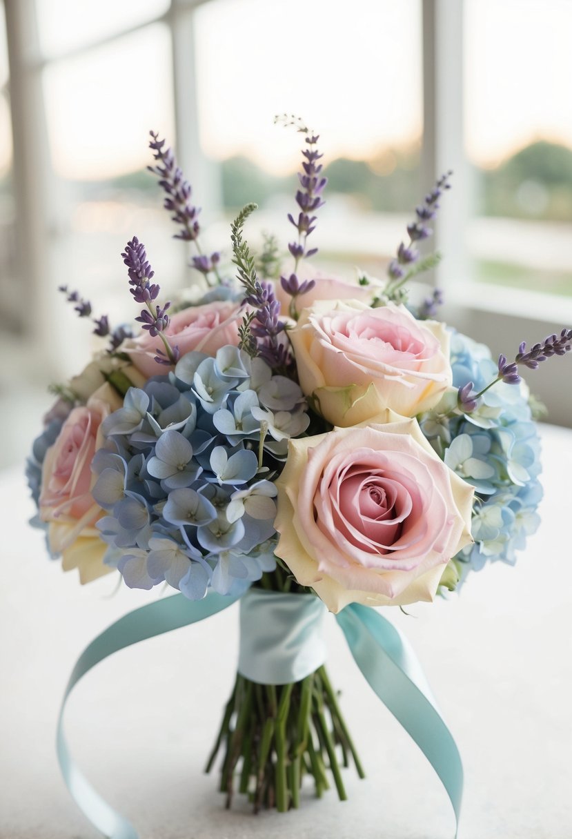 A pastel wedding bouquet featuring soft pink roses, pale blue hydrangeas, and delicate lavender sprigs tied with a satin ribbon