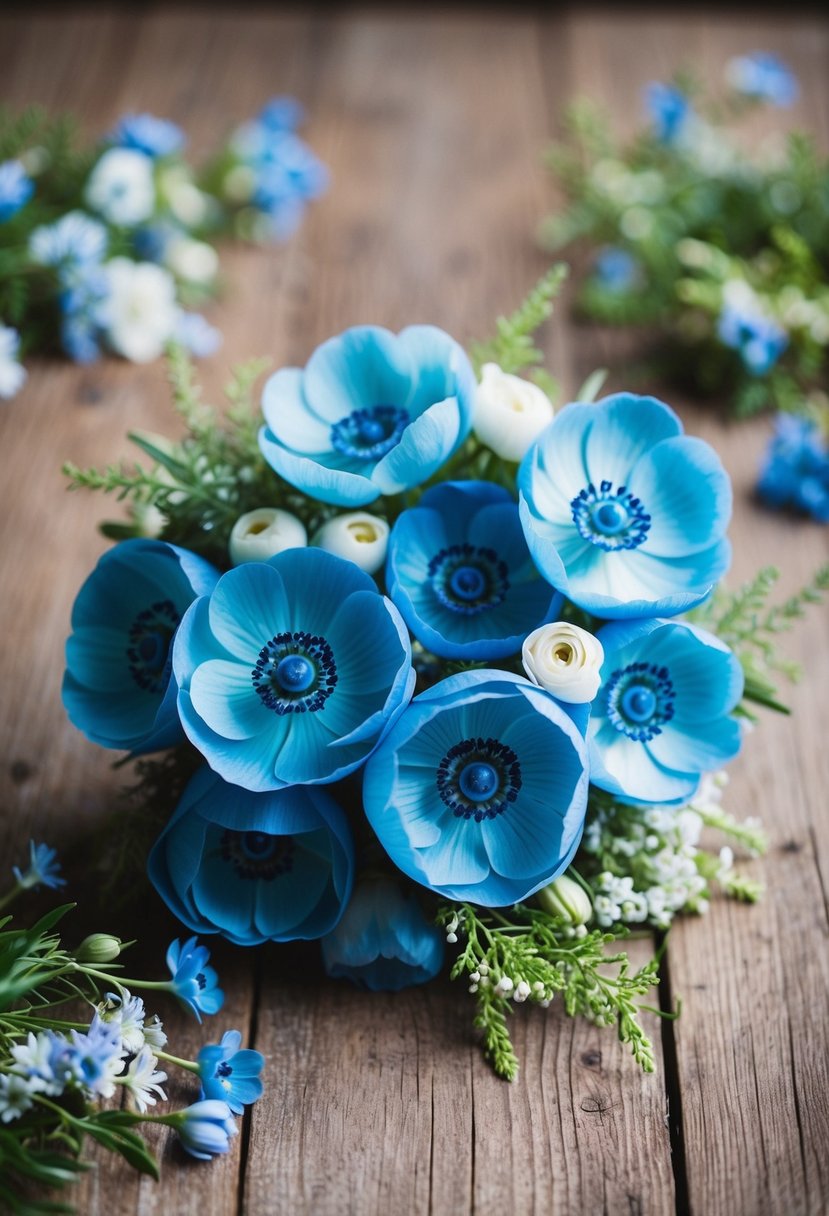 A cerulean anemone charm bouquet rests on a rustic wooden table, surrounded by delicate blue and white flowers and greenery