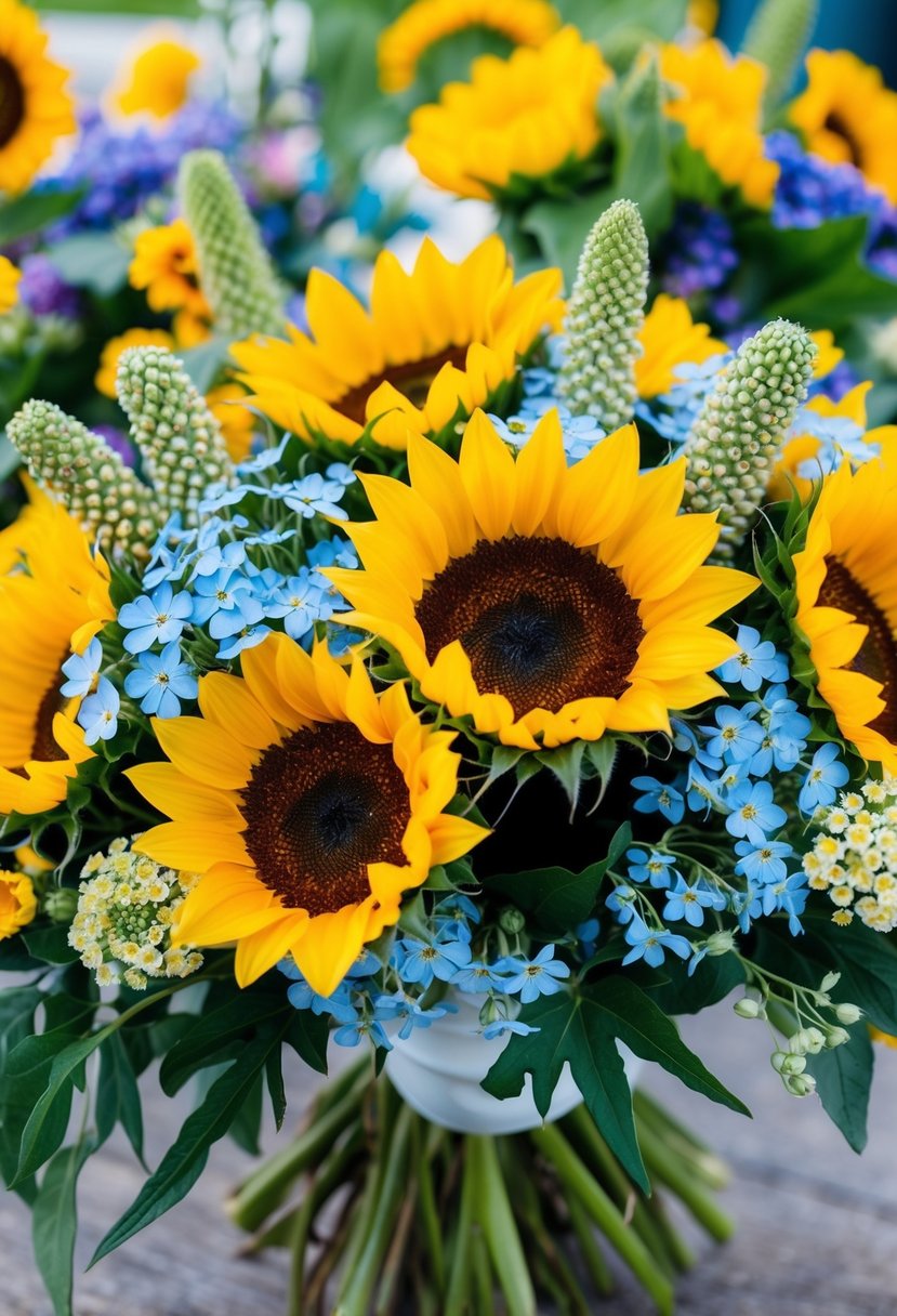 A vibrant bouquet of sunflowers and cornflowers mixed with delicate forget-me-nots, creating a beautiful and colorful wedding bouquet