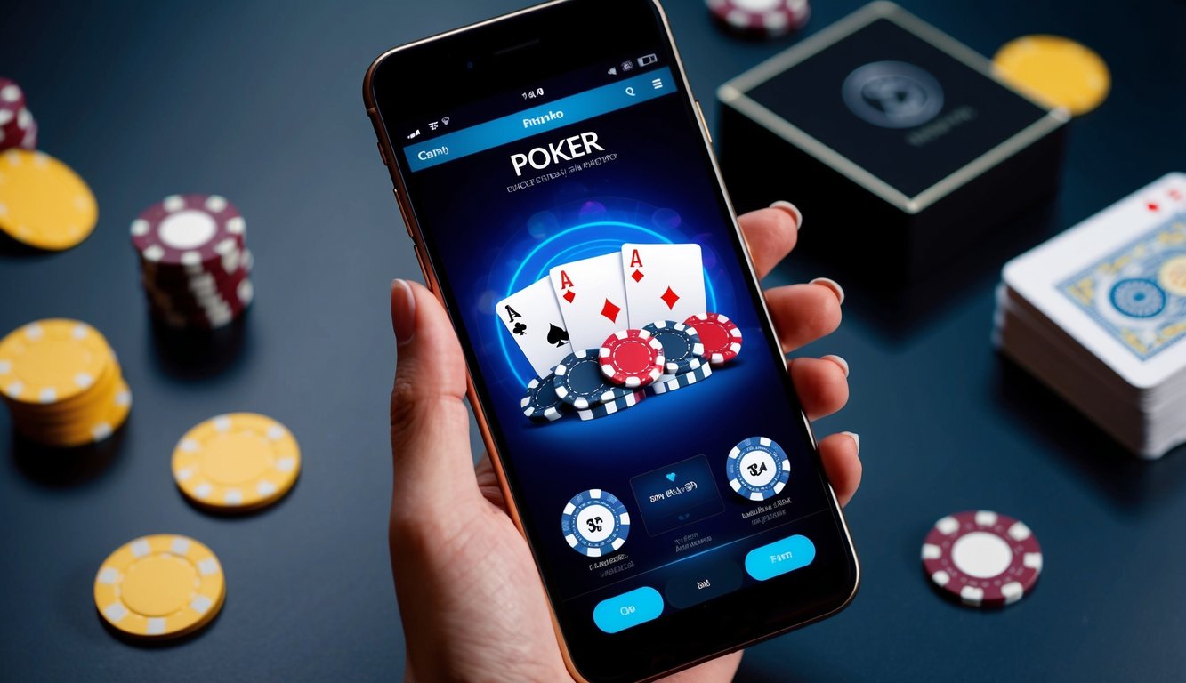 Sebuah smartphone yang menampilkan aplikasi permainan poker dengan chip, kartu, dan antarmuka yang ramping