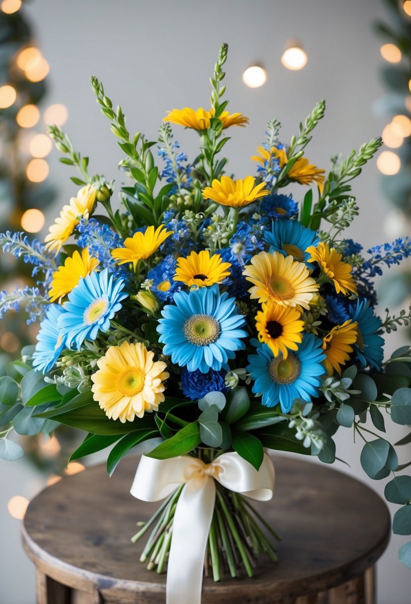 A vibrant bouquet of blue and yellow daisies arranged in a delicate, cascading design, accented with lush greenery and tied with a satin ribbon